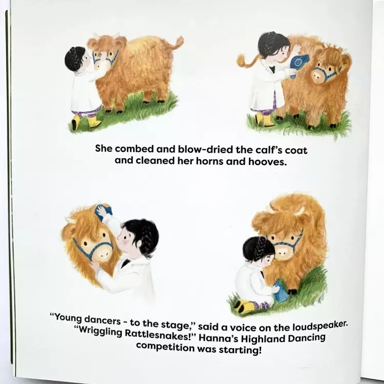 a series of illustrated vignettes. Hanna gets the highland calf ready for the show, the illustrations show Hanna combing the calf’s fringe, blow drying her fur, cleaning her horns and cleaning her feet